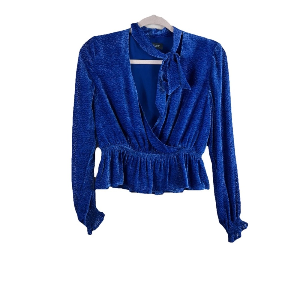 INTERMIX womens P Carisa blue velvet polka dot ruffled cropped tie neck blouse
